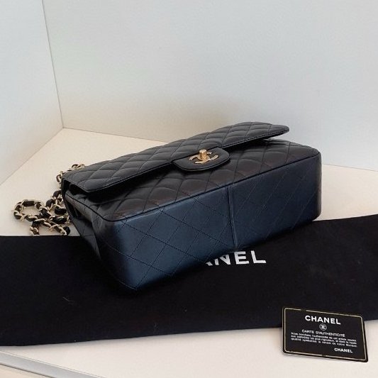 近新品 香奈兒/Chanel CF Jumbo 雙蓋黑金羊皮鏈條包-8