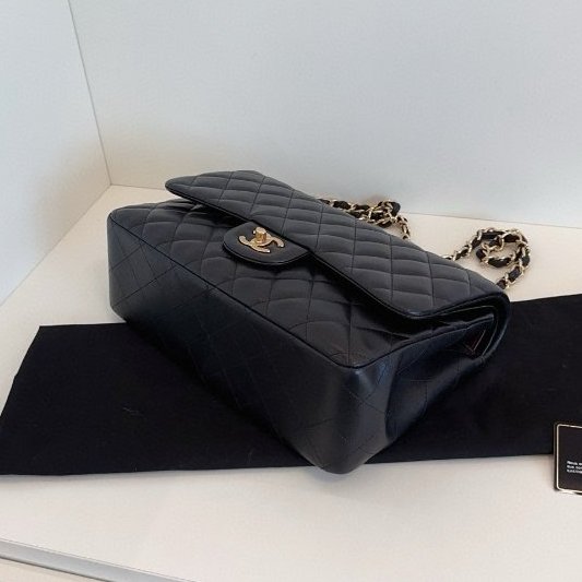 近新品 香奈兒/Chanel CF Jumbo 雙蓋黑金羊皮鏈條包-9