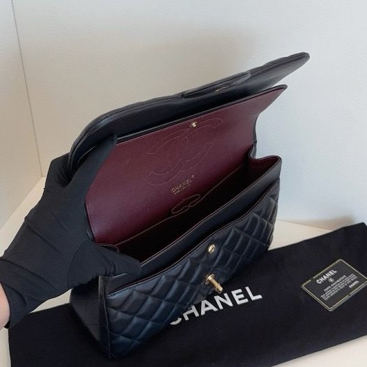 近新品 香奈兒/Chanel CF Jumbo 雙蓋黑金羊皮鏈條包-10