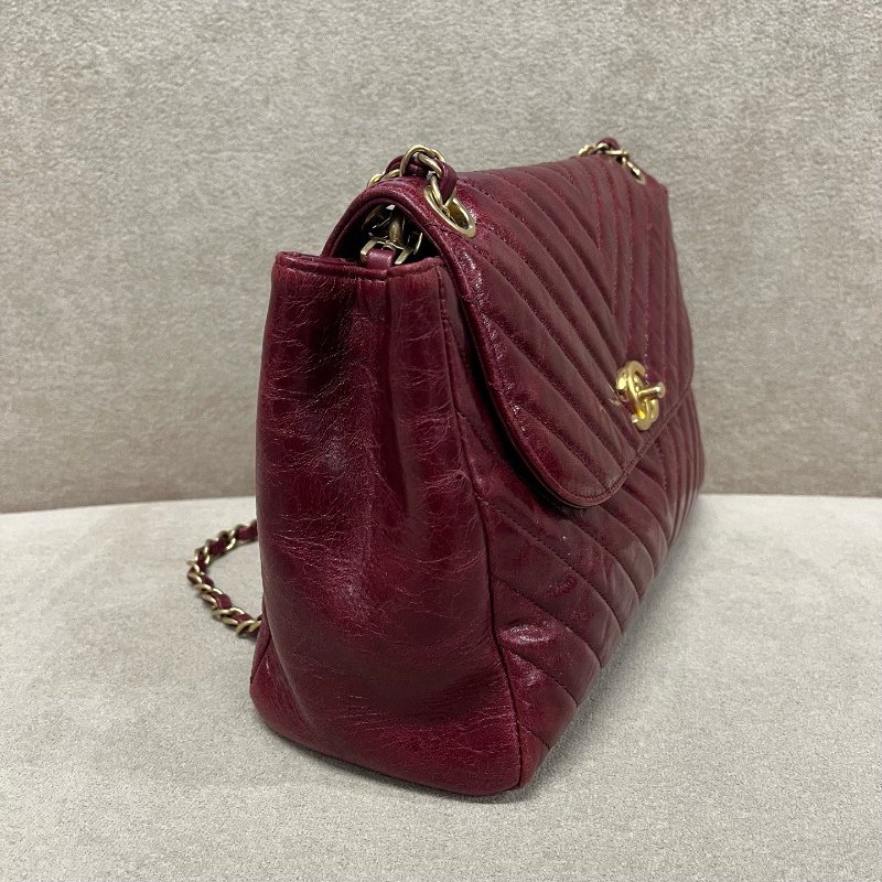 香奈兒/Chanel 紅色油臘皮金扣 V紋方胖子鏈條包-2