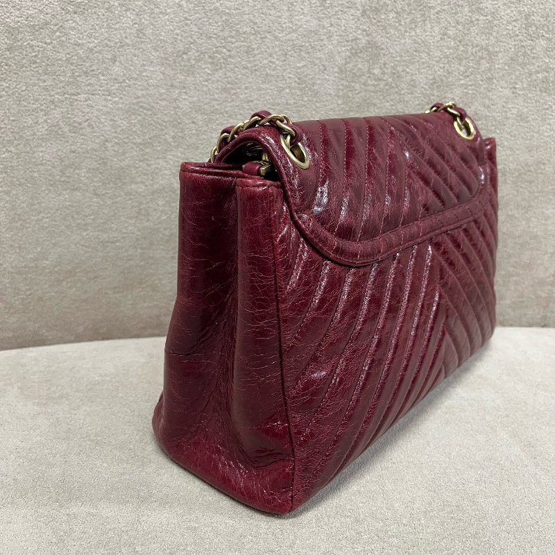 香奈兒/Chanel 紅色油臘皮金扣 V紋方胖子鏈條包-3