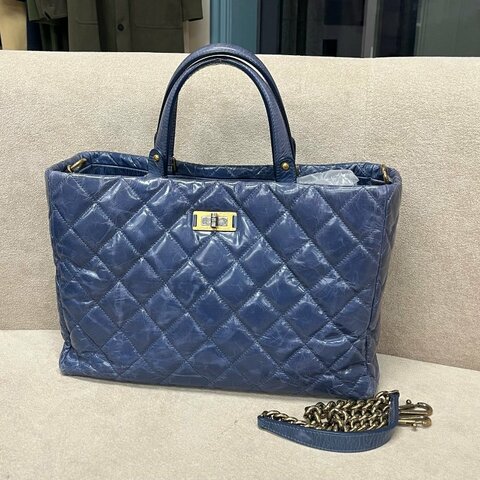 香奈兒/Chanel 藍金複古做舊鴛鴦扣油蠟皮托特包