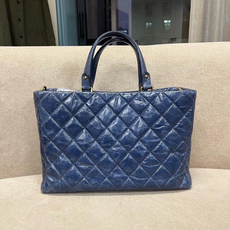 香奈兒/Chanel 藍金複古做舊鴛鴦扣油蠟皮托特包-6