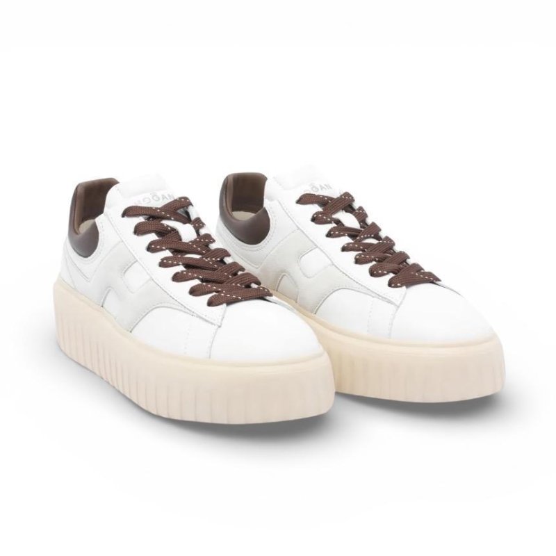 Hogan 女款 H-Stripes 光滑皮革6公分厚底餅乾運動鞋 白色配灰棕色 EU37/37.5/38/38.5/39-3