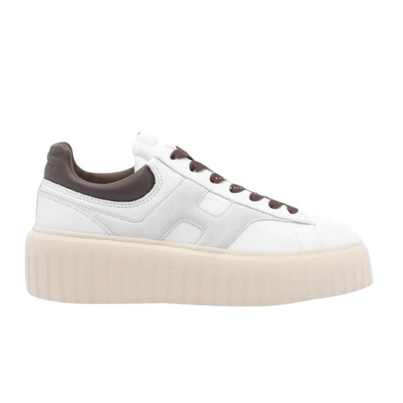 Hogan 女款 H-Stripes 光滑皮革6公分厚底餅乾運動鞋 白色配灰棕色 EU37/37.5/38/38.5/39-4