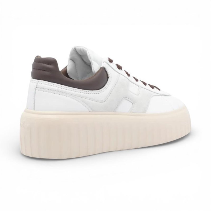 Hogan 女款 H-Stripes 光滑皮革6公分厚底餅乾運動鞋 白色配灰棕色 EU37/37.5/38/38.5/39-5