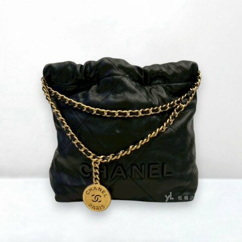 S5293-Chanel包包 黑荔枝牛皮黑釦金鍊22Bag Mini AS3980