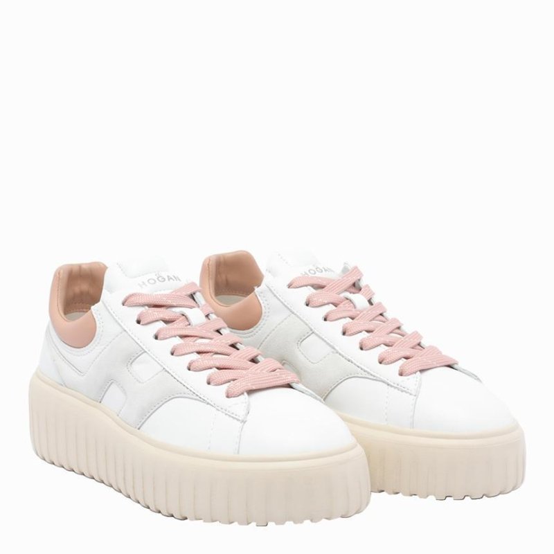 Hogan 女款 H-Stripes 光滑皮革6公分厚底餅乾運動鞋 玫瑰粉尾/米色 EU37/39/40-1