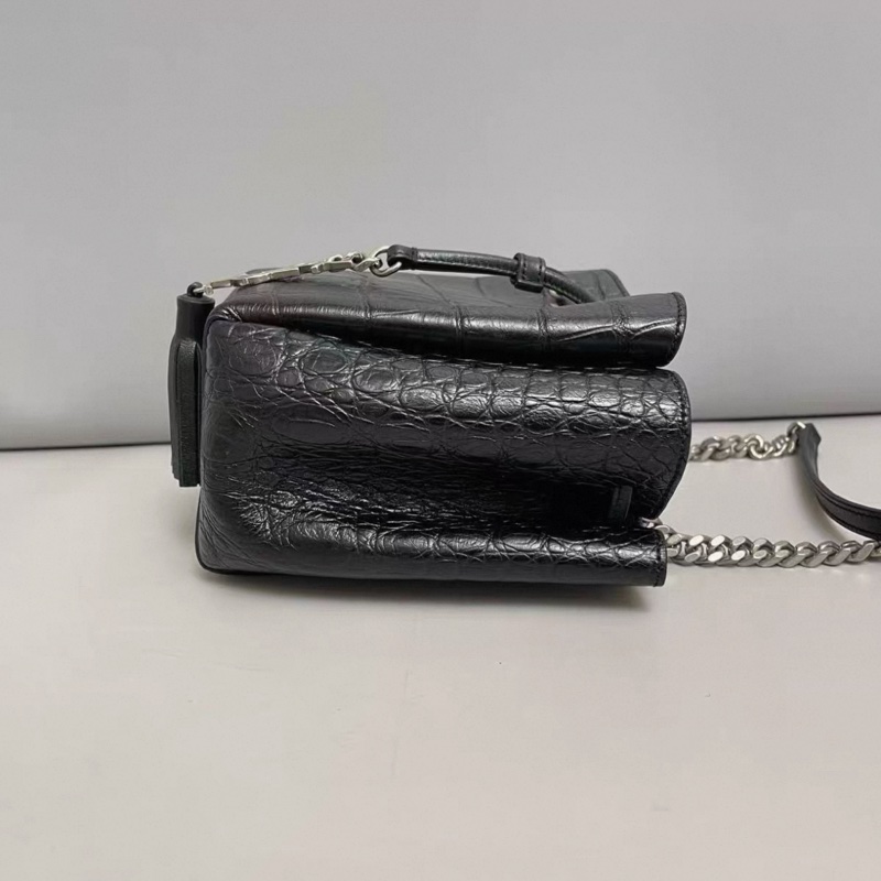 YSL聖羅蘭 黑銀鰐魚壓紋流蘇抽繩水桶包-3