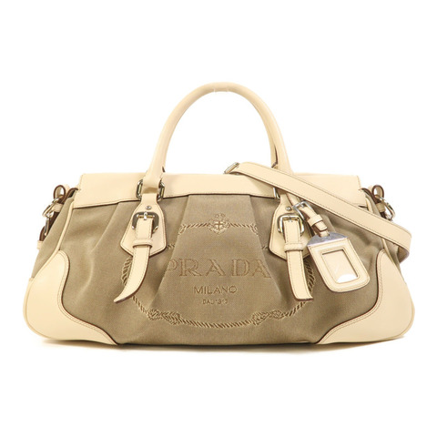 PRADA 帆布/牛皮皮革2 Way Shoulder銀扣手挽肩背兩用袋