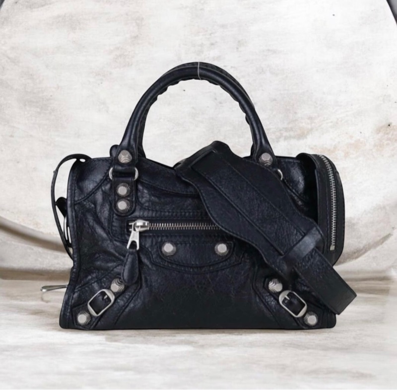 「JL精品代購」98新 Balenciaga mini city 機車包黑銀-0
