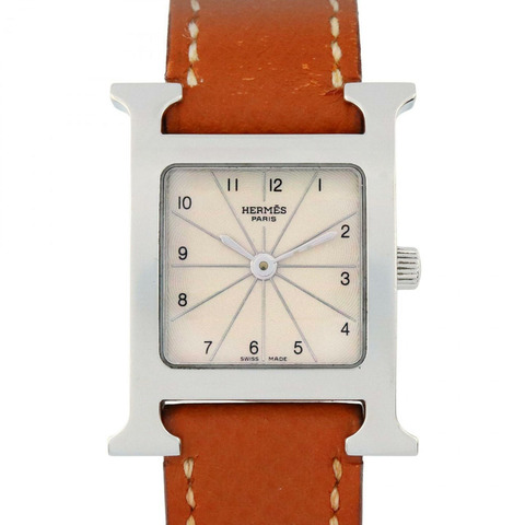 愛馬仕H系列腕錶，不鏽鋼錶殼搭配銀色皮革錶帶，型號HH1.210，女士款