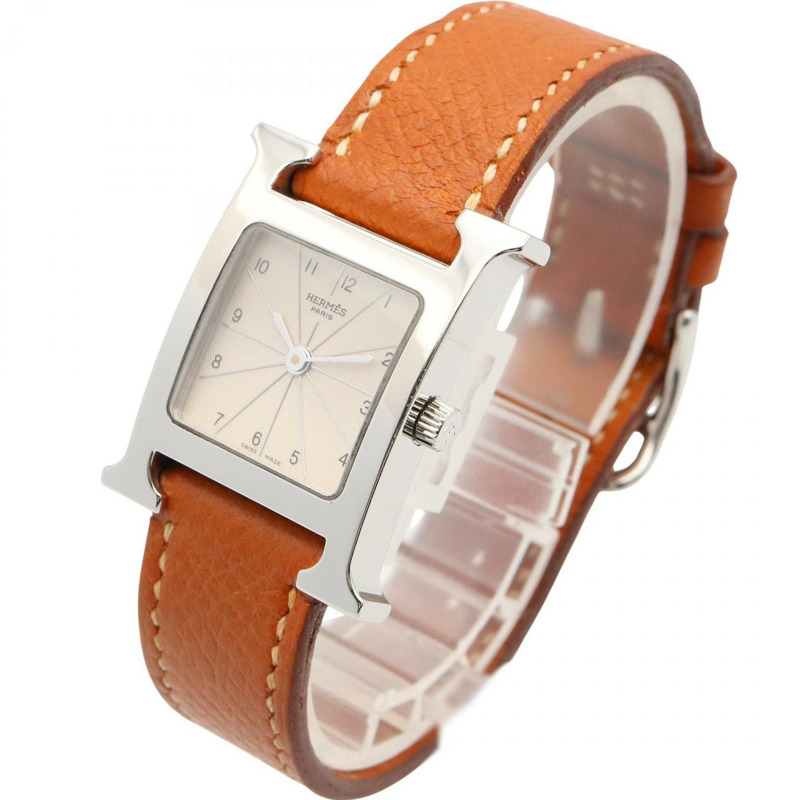 愛馬仕H系列腕錶,不鏽鋼錶殼搭配銀色皮革錶帶,型號HH1.210,女士款-1