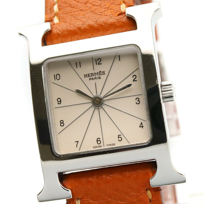 愛馬仕H系列腕錶,不鏽鋼錶殼搭配銀色皮革錶帶,型號HH1.210,女士款-2