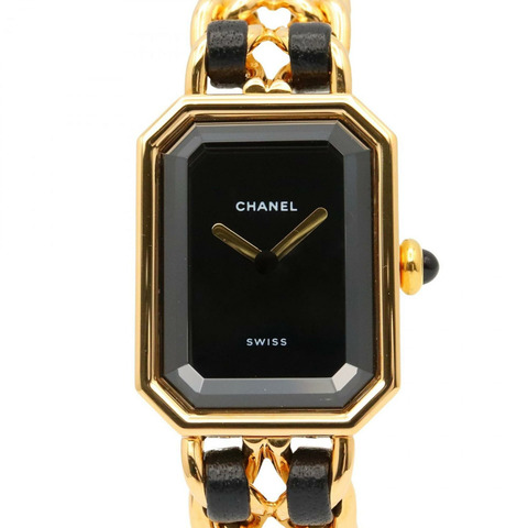 香奈兒 Premiere S 女士腕錶，鍍金錶殼，黑色皮錶帶，H0001