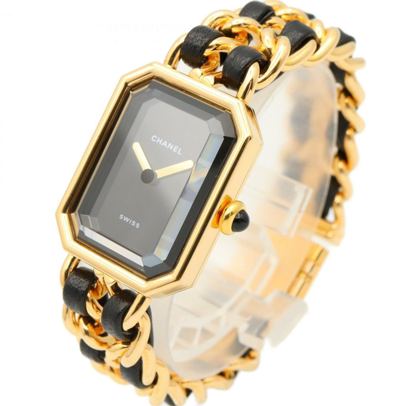 香奈兒 Premiere S 女士腕錶,鍍金錶殼,黑色皮錶帶,H0001-1