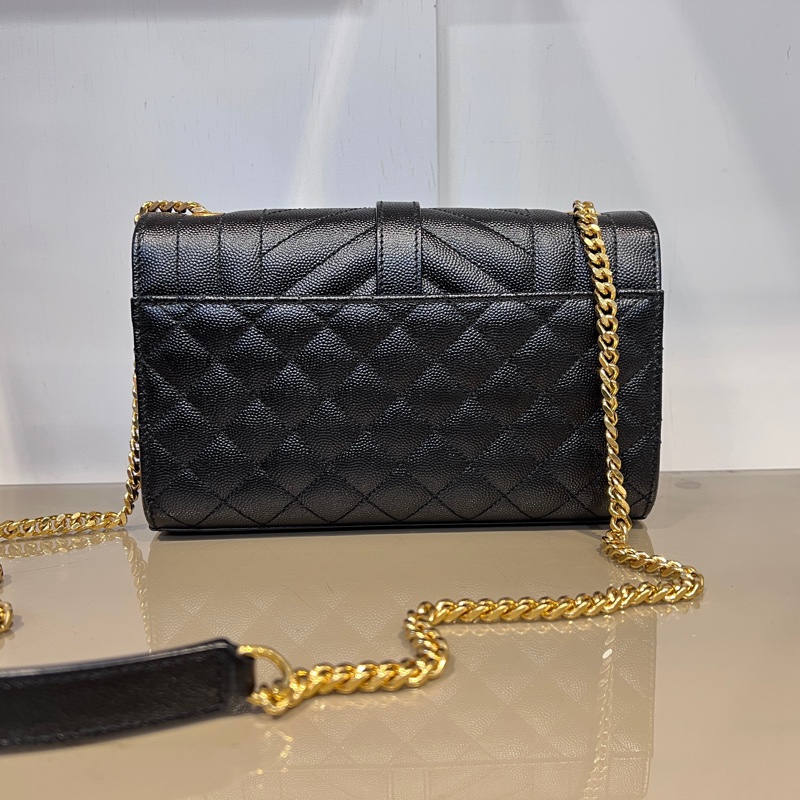 YSL 黑荔枝牛皮Envelope絎縫金釦信封下蓋肩斜背鏈包-1