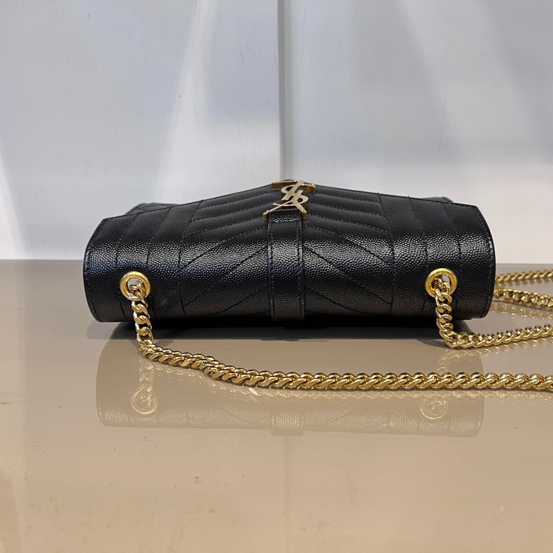 YSL 黑荔枝牛皮Envelope絎縫金釦信封下蓋肩斜背鏈包-4