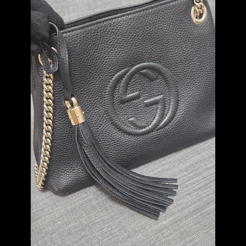 Gucci soho 黑色荔枝牛皮流蘇 肩背包 斜背包 小號-9