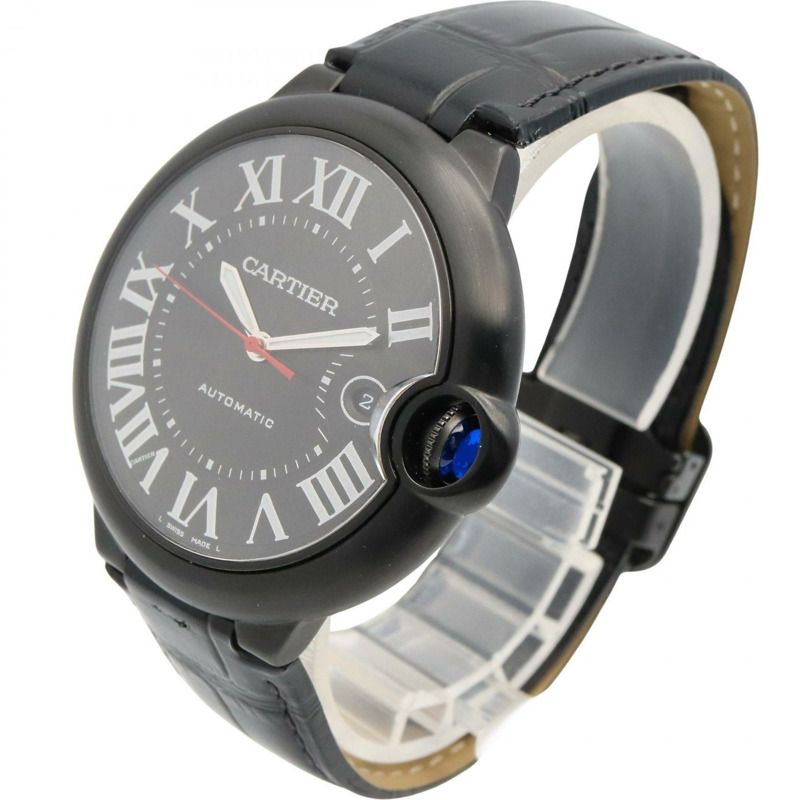 卡地亞 Ballon Bleu 系列 42 毫米男士腕錶,不鏽鋼(DLC 塗層)皮革錶帶,黑色,WSBB0015-1