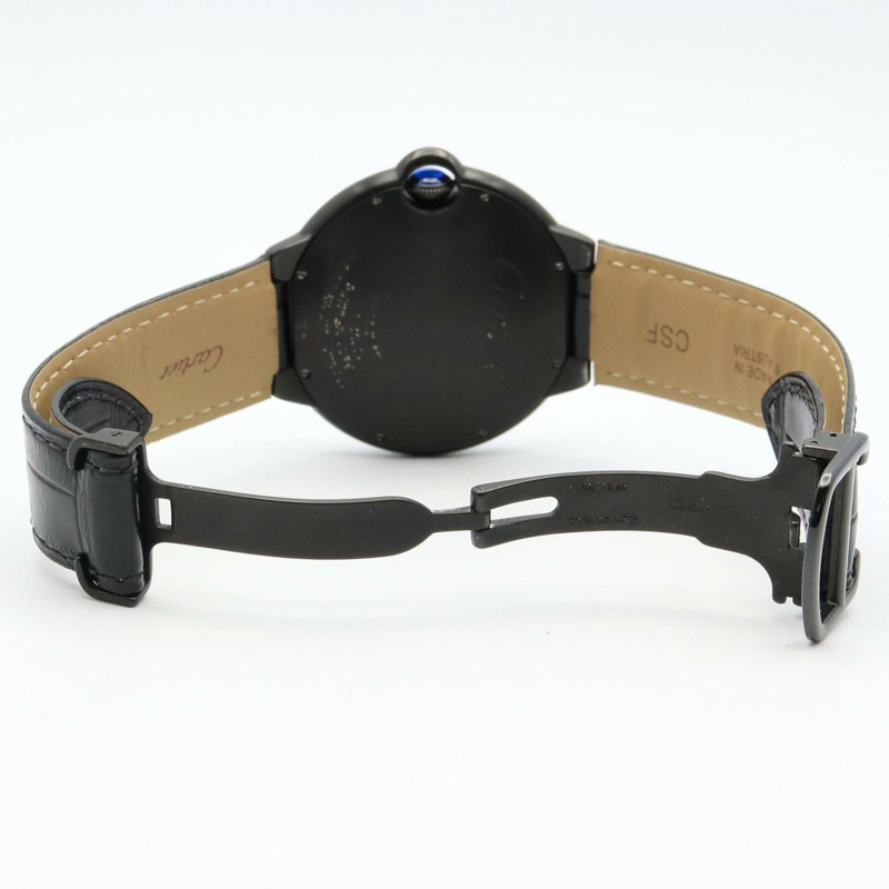 卡地亞 Ballon Bleu 系列 42 毫米男士腕錶,不鏽鋼(DLC 塗層)皮革錶帶,黑色,WSBB0015-2