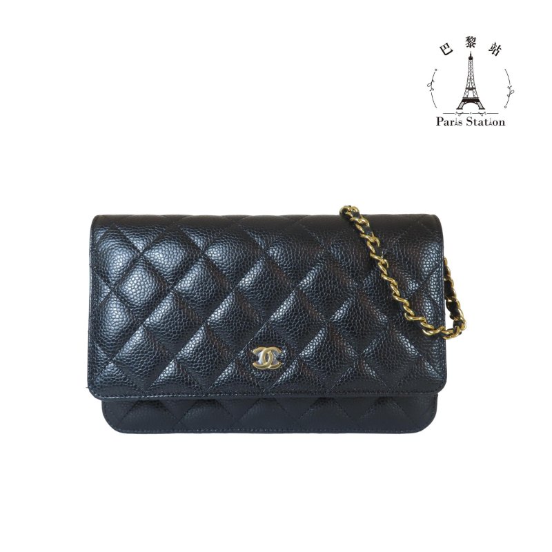 【巴黎站二手名牌專賣店】*現貨*CHANEL 香奈兒 真品*黑色菱格紋荔枝皮革金色雙C鏈包 WOC斜背包-0