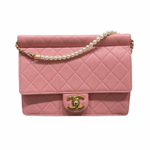 CHANEL 香奈兒 PEARL CHAIN FLAP BAG 珍珠鏈條口蓋包 山羊皮 櫻花粉 金釦