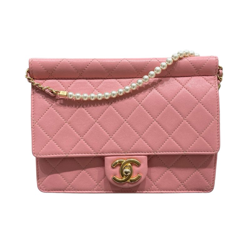 CHANEL 香奈兒 PEARL CHAIN FLAP BAG 珍珠鏈條口蓋包 山羊皮 櫻花粉 金釦-0