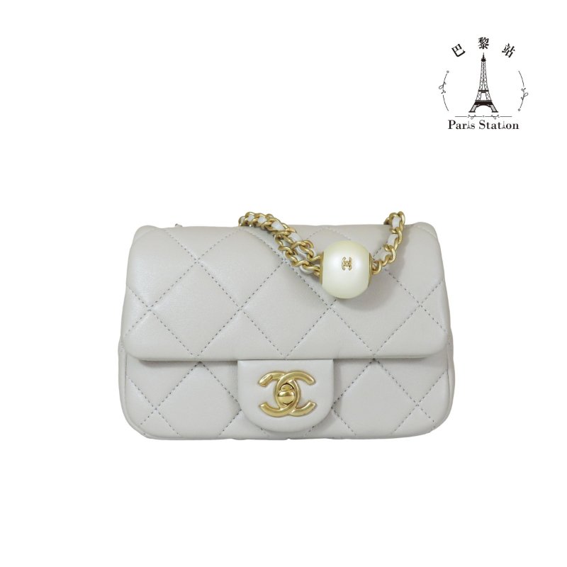 【巴黎站二手名牌專賣店】*現貨*CHANEL香奈兒真品*灰色菱格紋皮革金雙C小方雙珍珠調節扣鏈包-0