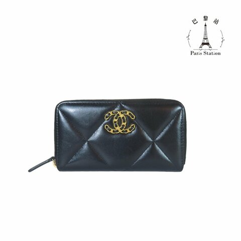 【巴黎站二手名牌專賣】＊現貨＊CHANEL 真品＊19系列黑色菱格紋拉鍊中夾