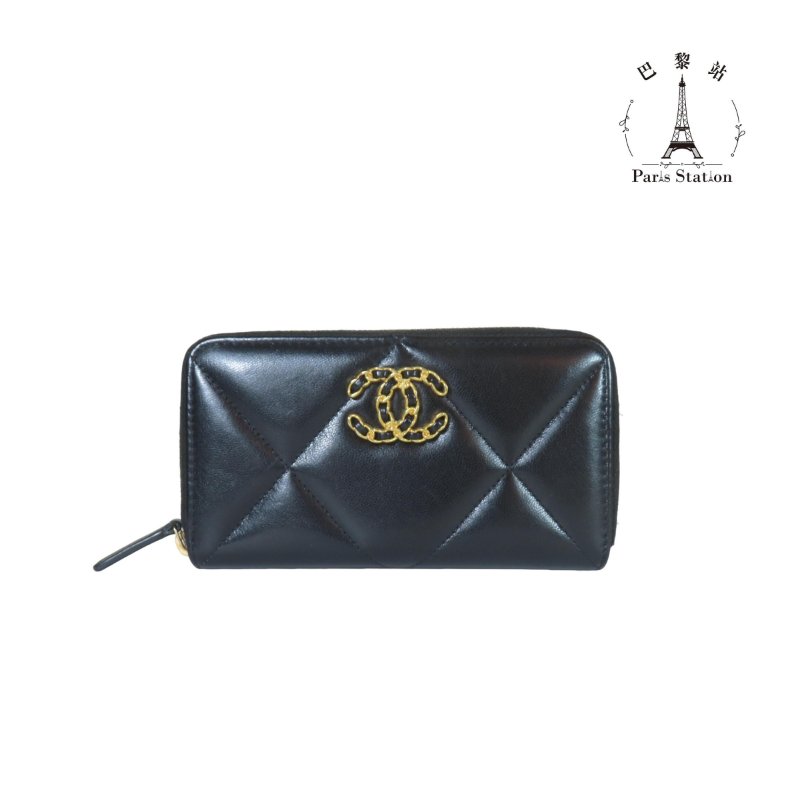 【巴黎站二手名牌專賣】*現貨*CHANEL 真品*19系列黑色菱格紋拉鍊中夾-0