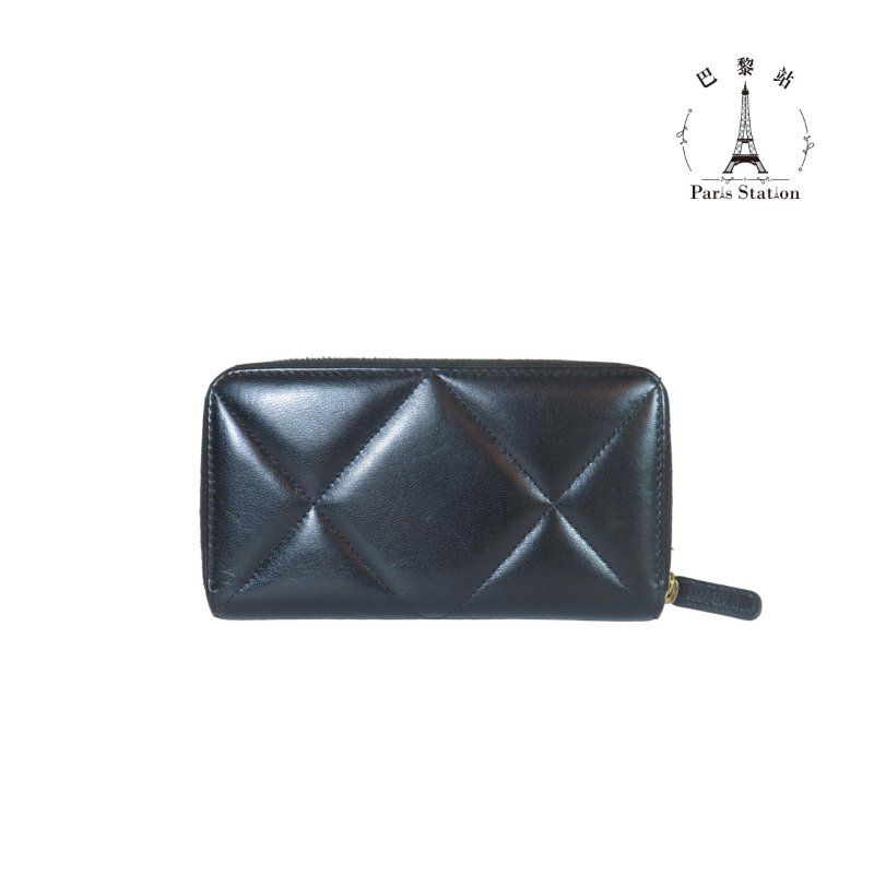 【巴黎站二手名牌專賣】*現貨*CHANEL 真品*19系列黑色菱格紋拉鍊中夾-1