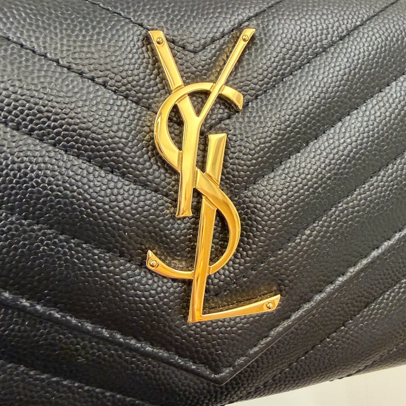 YSL 黑魚子醬牛皮金釦下蓋信封長夾-9