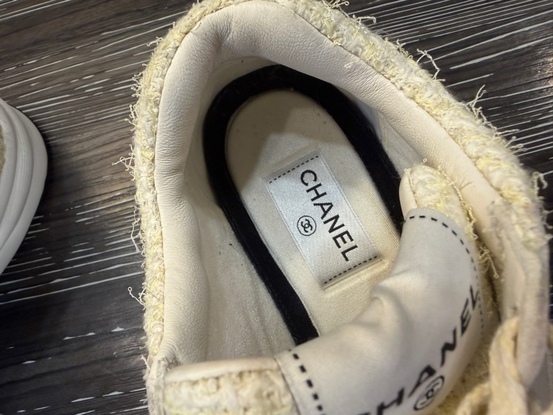 Chanel 白黃毛呢拼米色麂皮運動鞋-8
