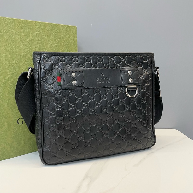 古馳/Gucci 黑色牛皮雙G壓花男士斜挎包 單肩包 尺寸32x9x28cm-1