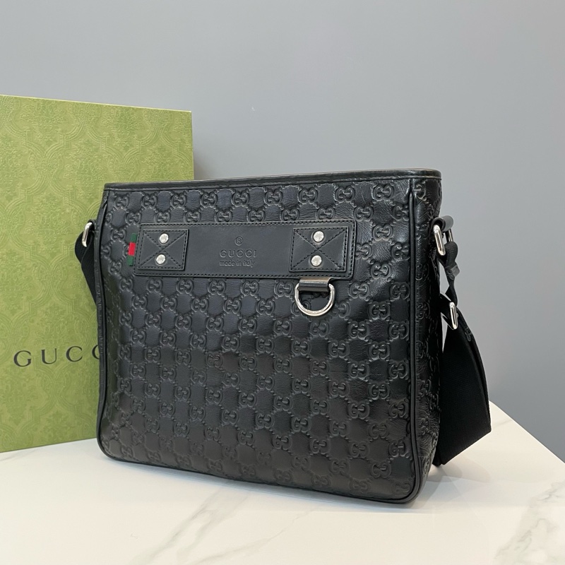 古馳/Gucci 黑色牛皮雙G壓花男士斜挎包 單肩包 尺寸32x9x28cm-2