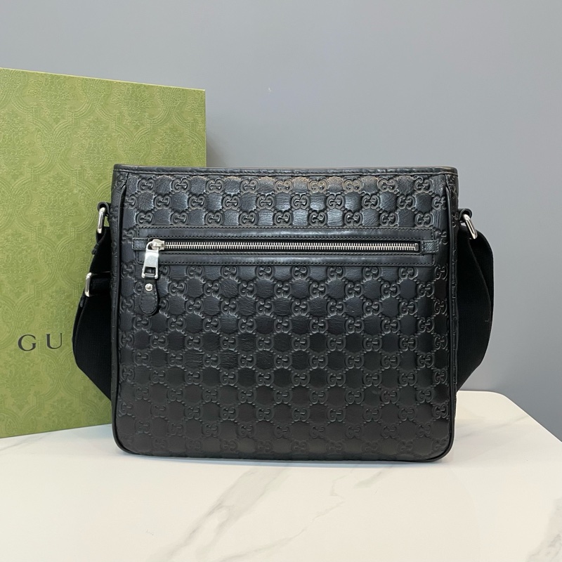古馳/Gucci 黑色牛皮雙G壓花男士斜挎包 單肩包 尺寸32x9x28cm-3