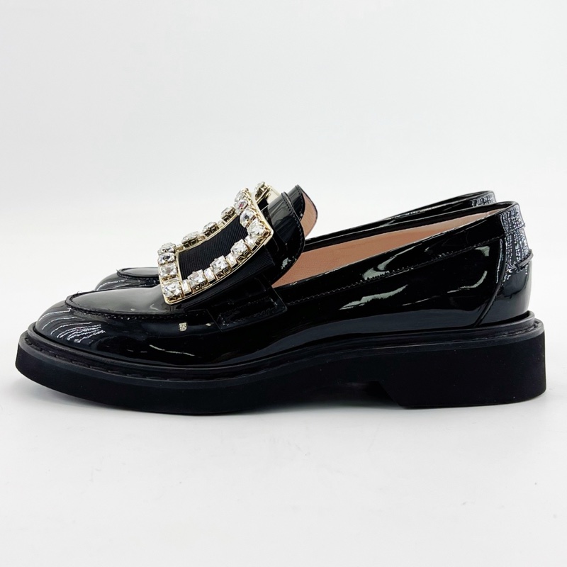 Roger Vivier/RV 黑金色 鑽扣樂福鞋 黑色漆皮材質 搭配方扣水鑽 尺碼:37碼-1