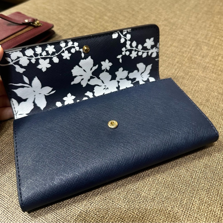MlCHAEL KORS 防刮三折長夾-深藍/金字Logo防刮皮革三折壓扣式 長夾 海軍藍/朱槿花防刮內層-9