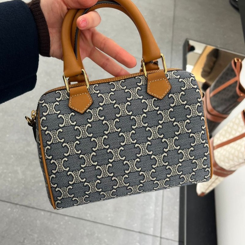 ⏰限時特賣價🌺Celine 113772 Triomphe緹花牛皮革小號波士頓包  海軍藍／淡褐色-3