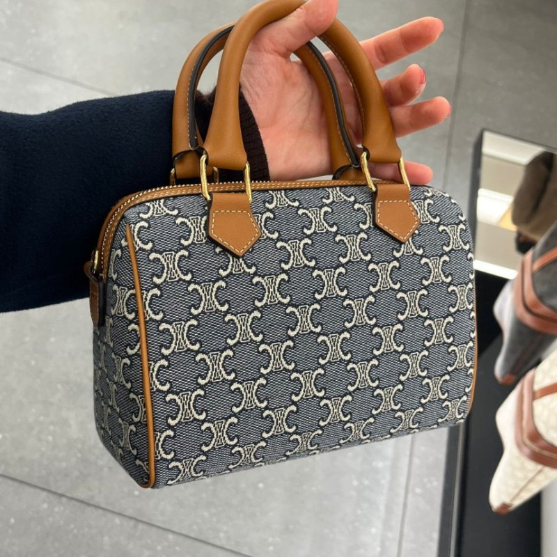 ⏰限時特賣價🌺Celine 113772 Triomphe緹花牛皮革小號波士頓包  海軍藍／淡褐色-5