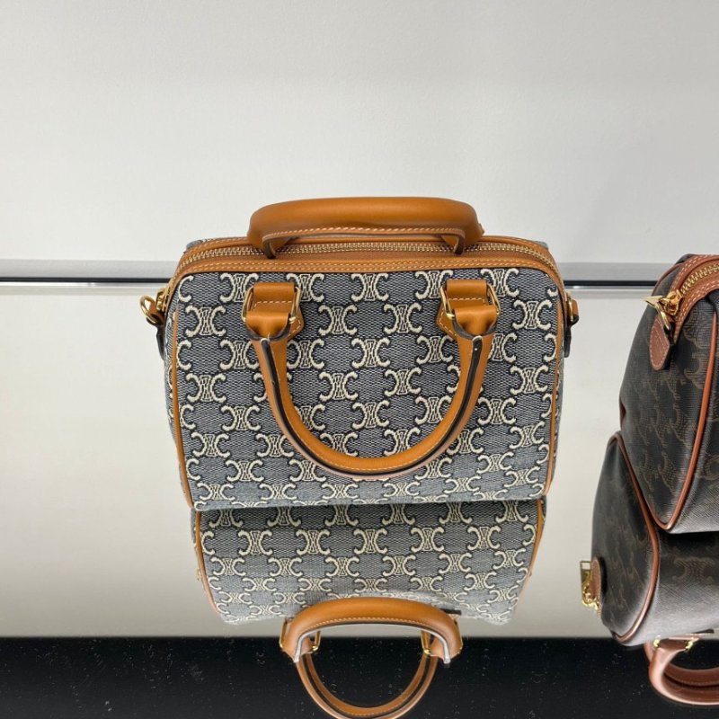 ⏰限時特賣價🌺Celine 113772 Triomphe緹花牛皮革小號波士頓包  海軍藍／淡褐色-6