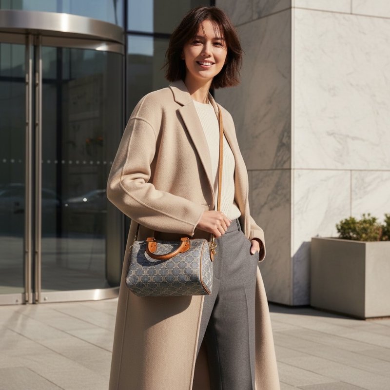 ⏰限時特賣價🌺Celine 113772 Triomphe緹花牛皮革小號波士頓包  海軍藍／淡褐色-9