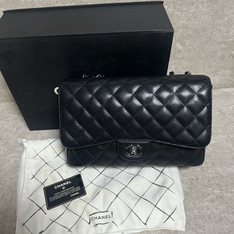 正品 Chanel jumbo 經典黑銀荔枝皮-0
