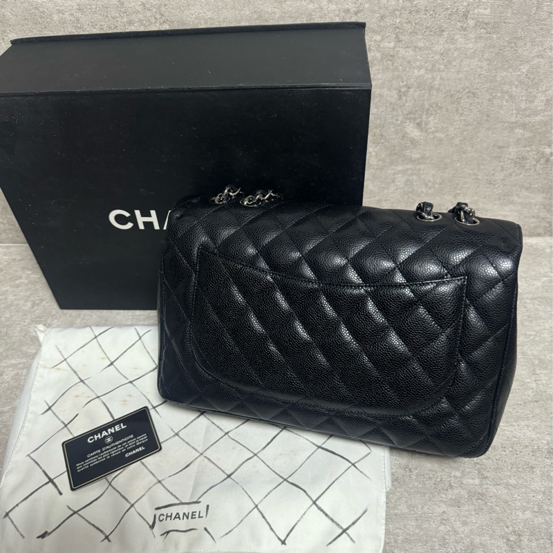 正品 Chanel jumbo 經典黑銀荔枝皮-1