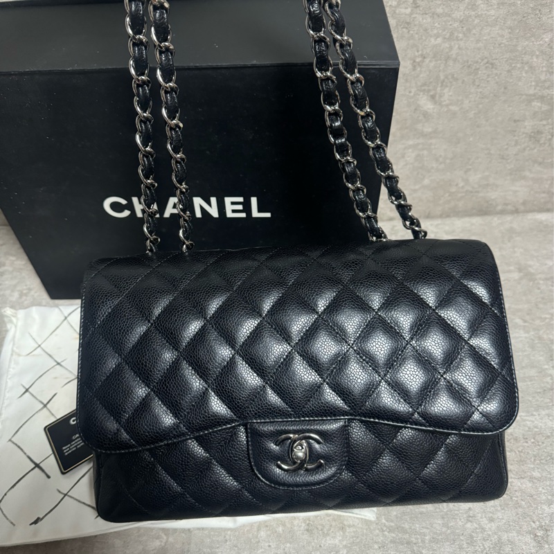 正品 Chanel jumbo 經典黑銀荔枝皮-2