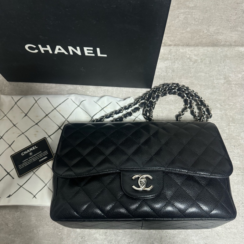正品 Chanel jumbo 經典黑銀荔枝皮-3