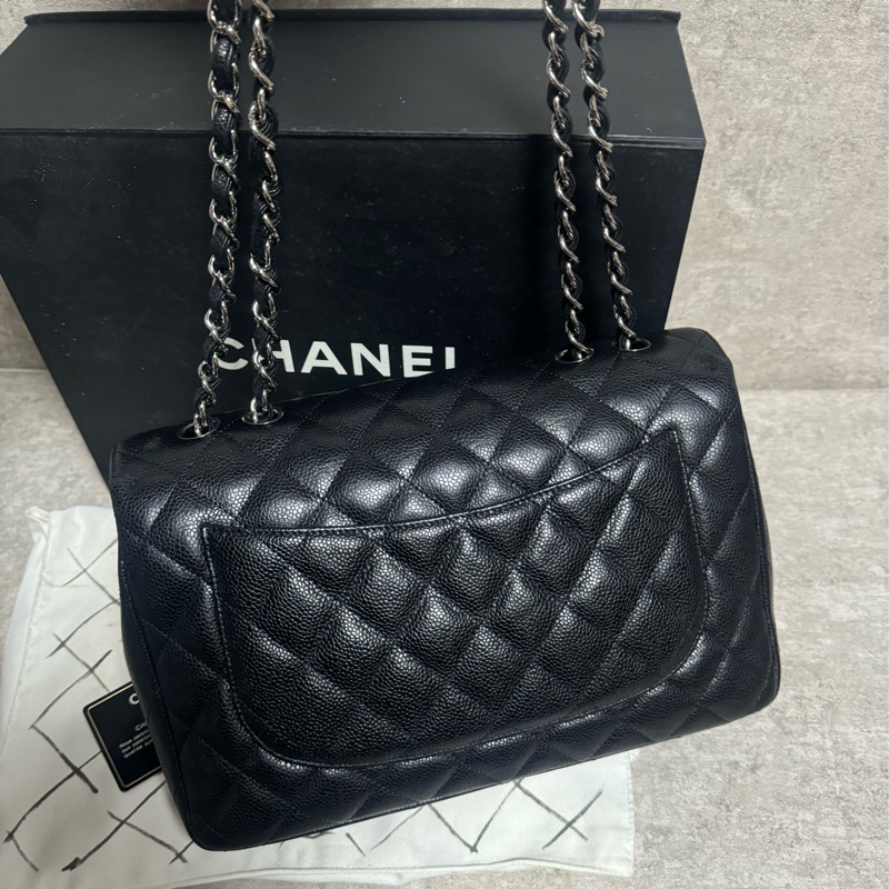 正品 Chanel jumbo 經典黑銀荔枝皮-4