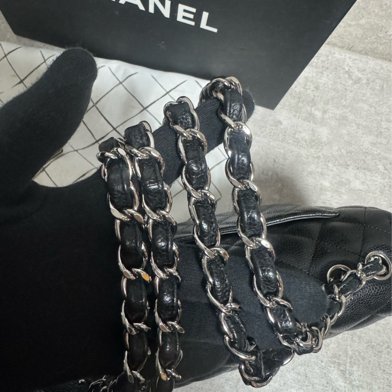正品 Chanel jumbo 經典黑銀荔枝皮-15