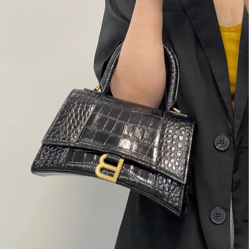 炸街必備😎99新🆕Balenciaga巴黎世家黑色鱷魚壓紋s沙漏包手提包-1